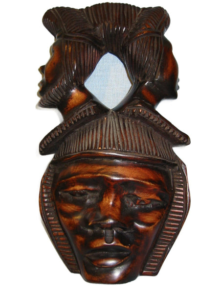 Three Heads Mask Carved On Wood Tribal Art - Designer Unique Finds 
