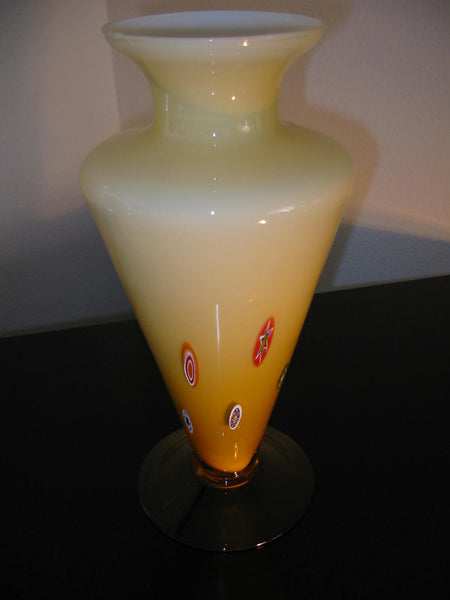 Venetian Abstract Millefiori Yellow Amber Glass Trumpet Vase - Designer Unique Finds 