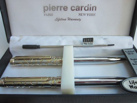 Pierre Cardin Chrome Pen Pencil Set Golden Accent New York Paris