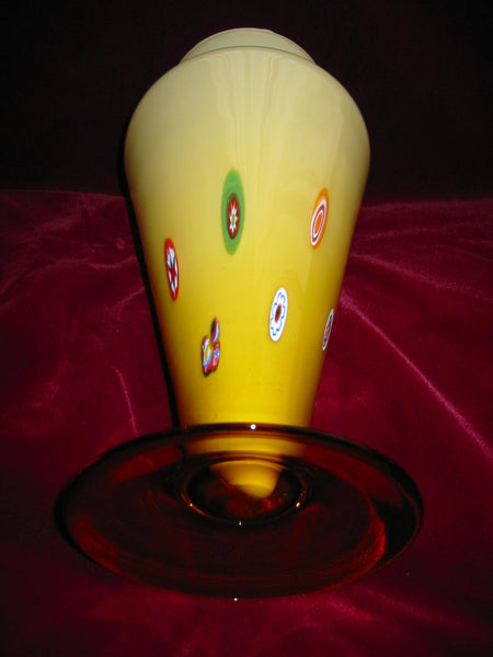 Venetian Abstract Millefiori Yellow Amber Glass Trumpet Vase - Designer Unique Finds 