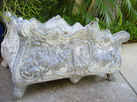Baroque Style White Metal Footed Garden Sculpture Distressed Planter Box - Designer Unique Finds 
