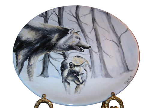 Robert Hazelton Winter Wolves Signed Modern Porcelain Charger - Designer Unique Finds 