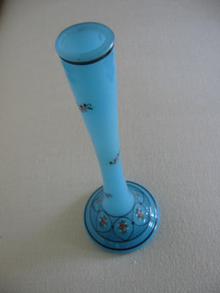 Czech Blue Glass Bud Vase Floral Enameling Hand Painted Beading - Designer Unique Finds 
 - 4