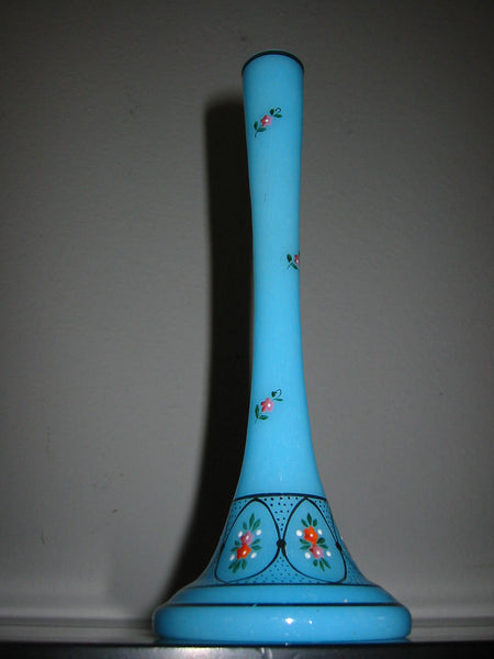 Czech Blue Glass Bud Vase Floral Enameling Hand Painted Beading - Designer Unique Finds 
 - 3