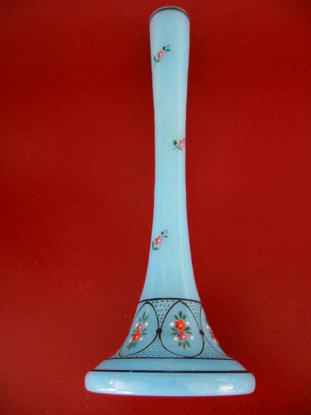 Czech Glass Turquoise Bud Vase Hand Beaded Floral Enameling Medallions
