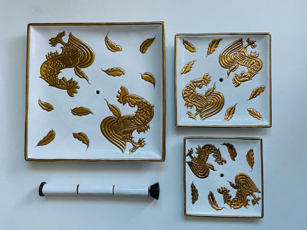 Gold Rooster Tri Level Porcelain Condiment Tray Exclusive of Saks Fifth Avenue