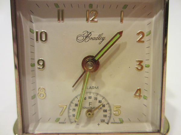 Bradley West Germany Tan Leather Traveling Hand Wind Clock Thermometer - Designer Unique Finds 