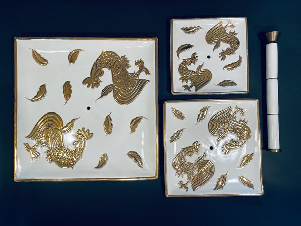 Gold Rooster Tri Level Porcelain Condiment Tray Exclusive of Saks Fifth Avenue