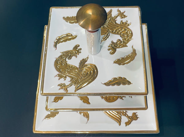 Gold Rooster Tri Level Porcelain Condiment Tray Exclusive of Saks Fifth Avenue