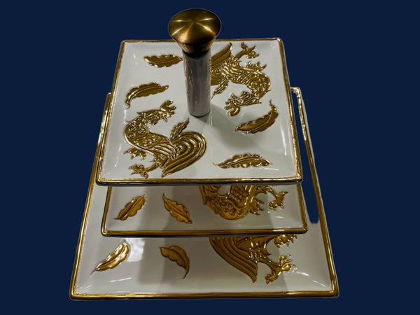 Gold Rooster Tri Level Porcelain Condiment Tray Exclusive of Saks Fifth Avenue