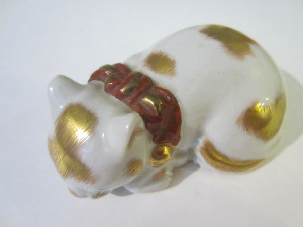Japanese Ceramic Cat Signed Gold Decorated Red Accent Miniature Art - Designer Unique Finds 