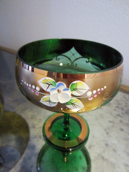 Bohemia Crystal Green Stem Bowls Gold Painted Porcelain Flowers Czech Republic - Designer Unique Finds 