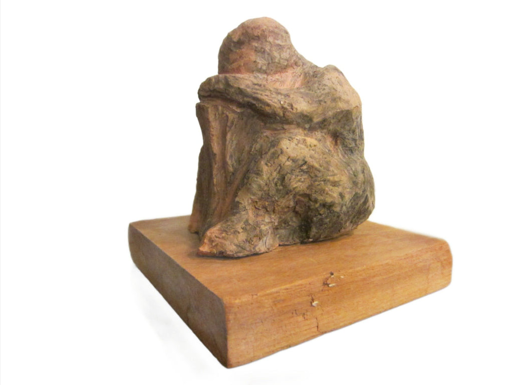 The Thinker Abstract Folk Art Terracotta Sculpture On Natural Wood - Designer Unique Finds 