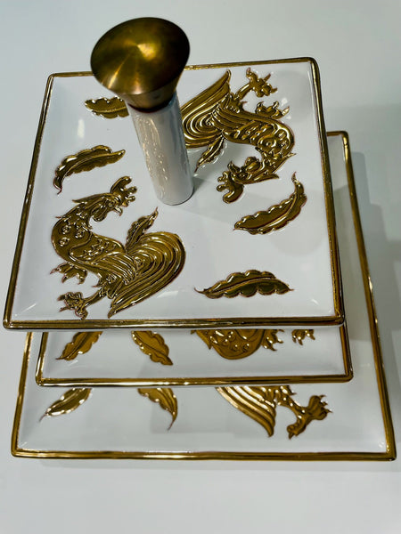 Gold Rooster Tri Level Porcelain Condiment Tray Exclusive of Saks Fifth Avenue