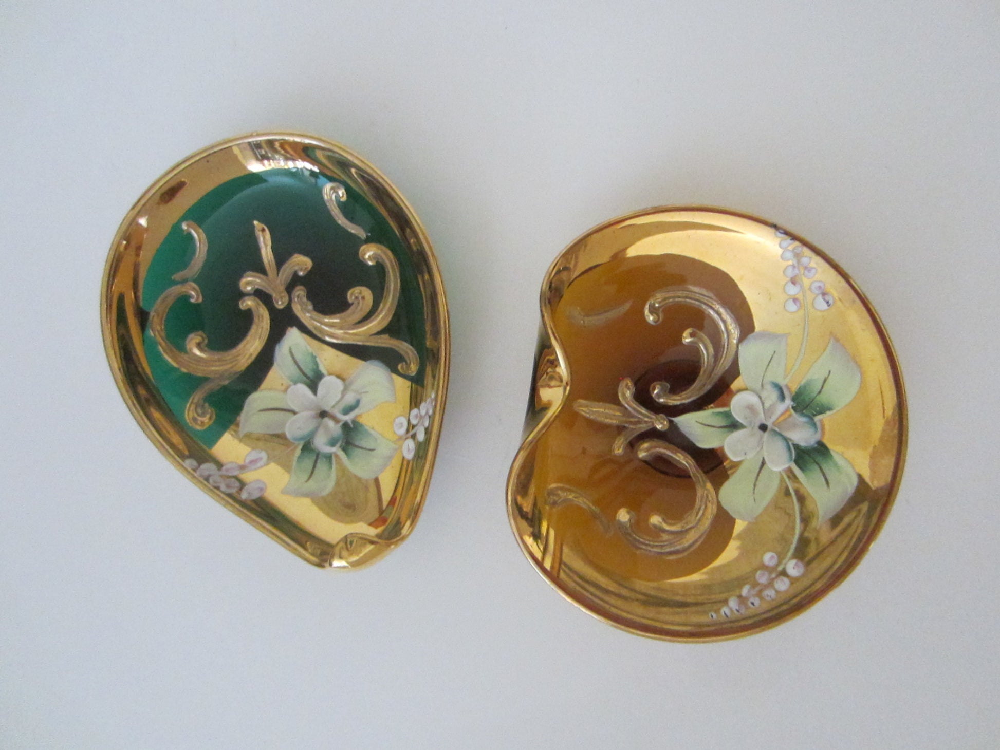 Venetian Glass Dishes Decorated Gold Floral Enameling - Designer Unique Finds 