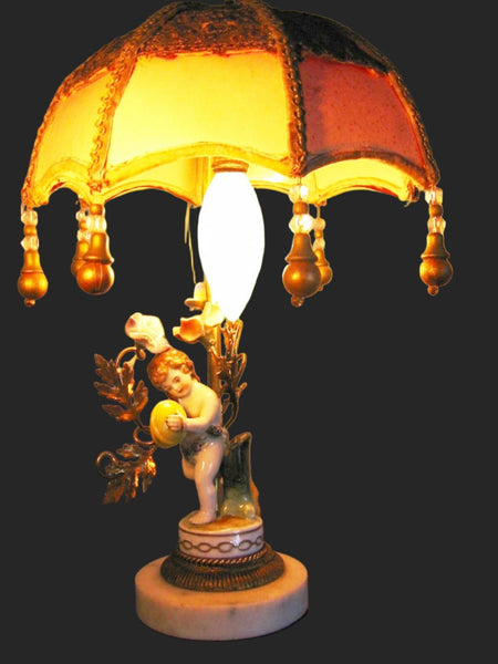 Limoges France Figurine Boudoir Lamp Bronze Gilding Marble Base Pendant Shade - Designer Unique Finds 
 - 2