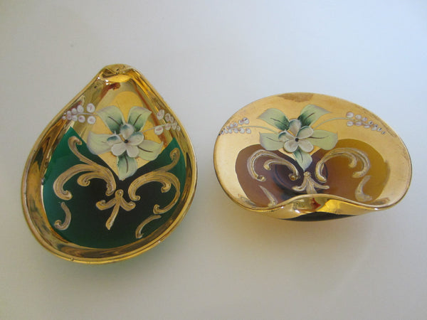 Venetian Glass Dishes Decorated Gold Floral Enameling - Designer Unique Finds 
