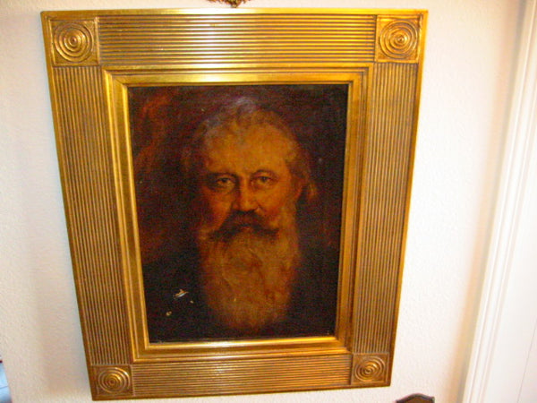 Antique Portrait Oil On Canvas White Bearded Man 