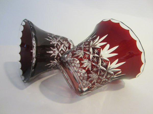 Cut Overlay Burgundy Glass Bowls Clear Finger Loop - Designer Unique Finds 