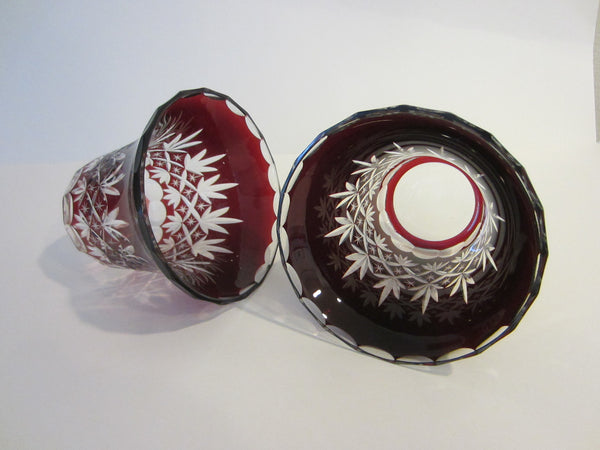 Cut Overlay Burgundy Glass Bowls Clear Finger Loop - Designer Unique Finds 