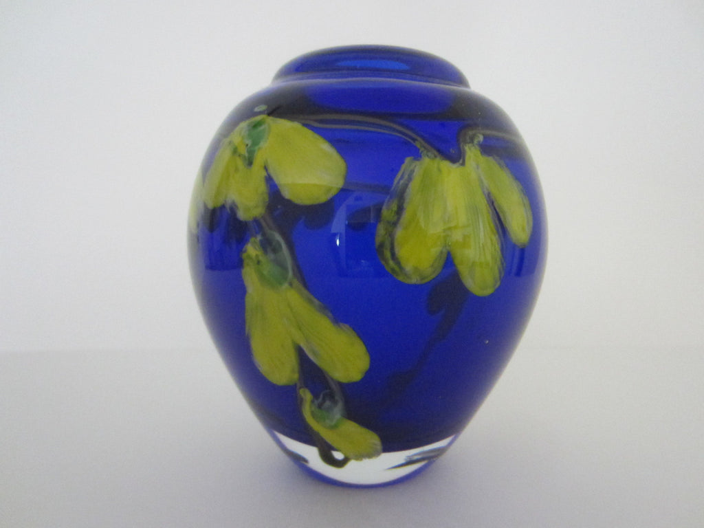 Murano Glass Deep Blue Blown Vase Infused Yellow Flowers - Designer Unique Finds 