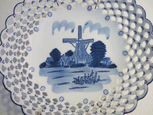 Blue White Reticulated Windmill Transfer Bowl Signed DN And EI Delft Style - Designer Unique Finds 