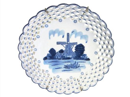 Blue White Reticulated Windmill Transfer Bowl Signed DN And EI Delft Style - Designer Unique Finds 