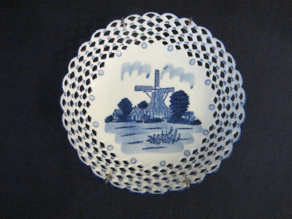 Blue White Reticulated Windmill Transfer Bowl Signed DN And EI Delft Style - Designer Unique Finds 