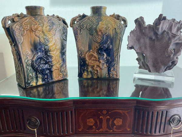 Asian Ceramic Monumental Swirl Painted Lizard Handle Dragon Vases