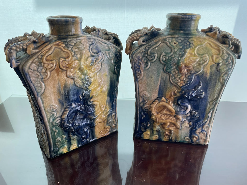 Asian Ceramic Monumental Swirl Painted Vases Dragons Handle Lizards