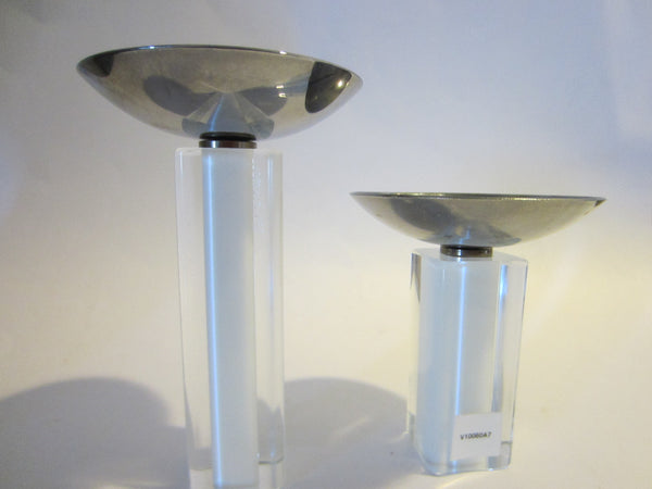 Pillar Modern Chrome Top Glass Candleholders Signed By Swedish Artist
