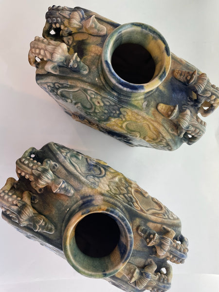 Asian Ceramic Monumental Swirl Painted Lizard Handle Dragon Vases