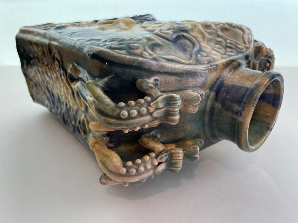 Asian Ceramic Monumental Swirl Painted Lizard Handle Dragon Vases