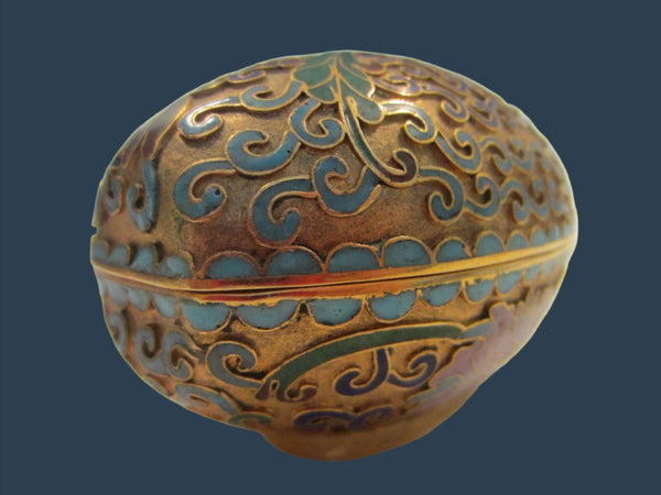 Asian Covered Egg Floral Enameling Engraved Brass Candle Holder