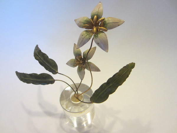 Folk Art Lucite Pot With Tole Stem Flowers Hand Painted Chartreuse Leaves - Designer Unique Finds 