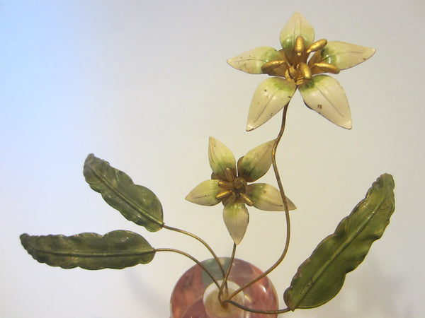 Folk Art Lucite Pot Tole Stem Flowers Hand Painted Chartreuse Leaves - Designer Unique Finds 