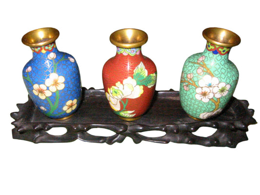 Chinese Cloisonne Vases Suite Floral Enameling Brass Frames - Designer Unique Finds 
 - 1