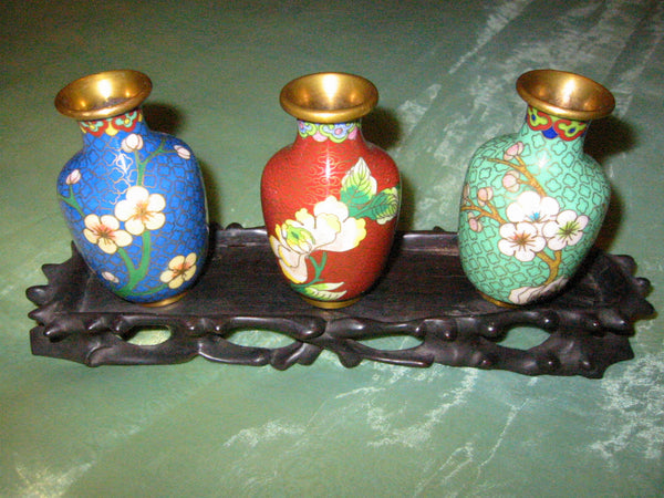 Chinese Cloisonne Vases Suite Floral Enameling Brass Frames - Designer Unique Finds 
 - 1