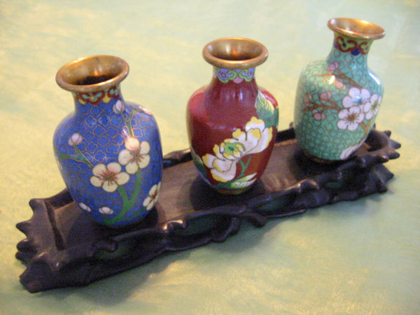 Three Chinese Cloisonne Brass Colored Vases Floral Enameling