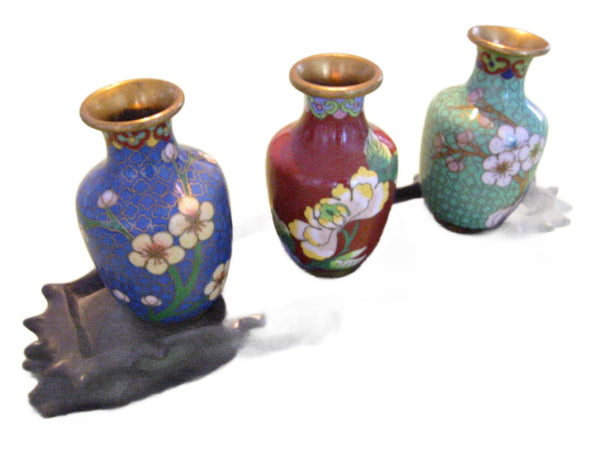 Three Chinese Cloisonne Brass Colored Vases Floral Enameling