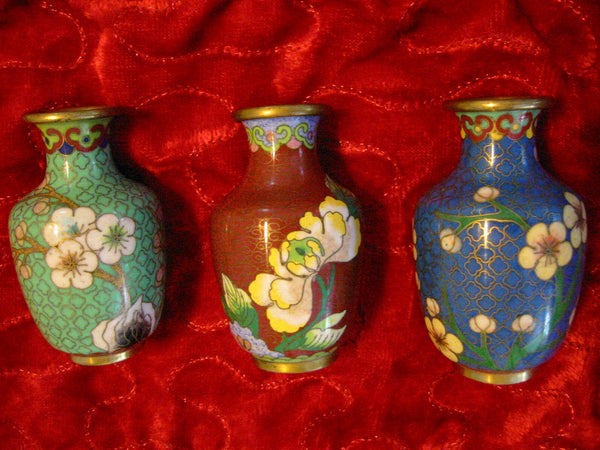 Chinese Cloisonne Vases Suite Floral Enameling Brass Frames - Designer Unique Finds 
 - 2
