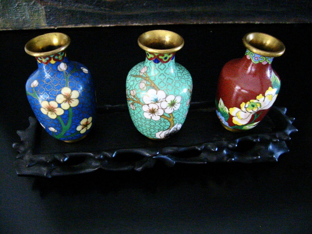 Chinese Cloisonne Vases Suite Floral Enameling Brass Frames - Designer Unique Finds 
 - 3