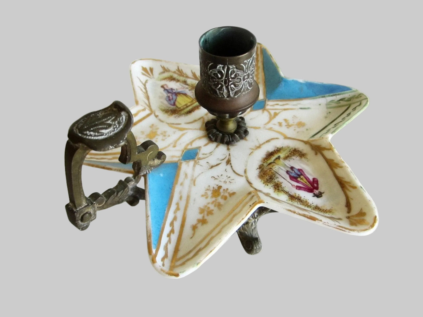 Meissen Style Porcelain Star Candle Holder Bronze Footed Handle - Designer Unique Finds 