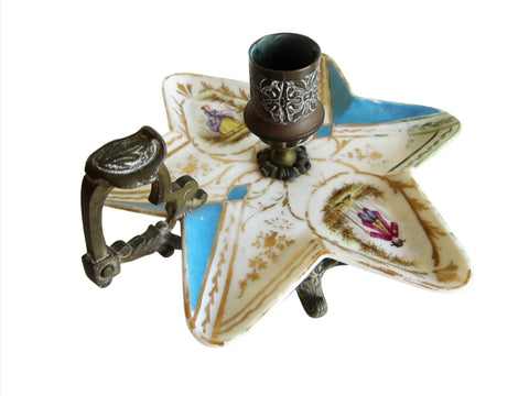 Meissen Style Porcelain Star Candle Holder Bronze Footed Handle - Designer Unique Finds 