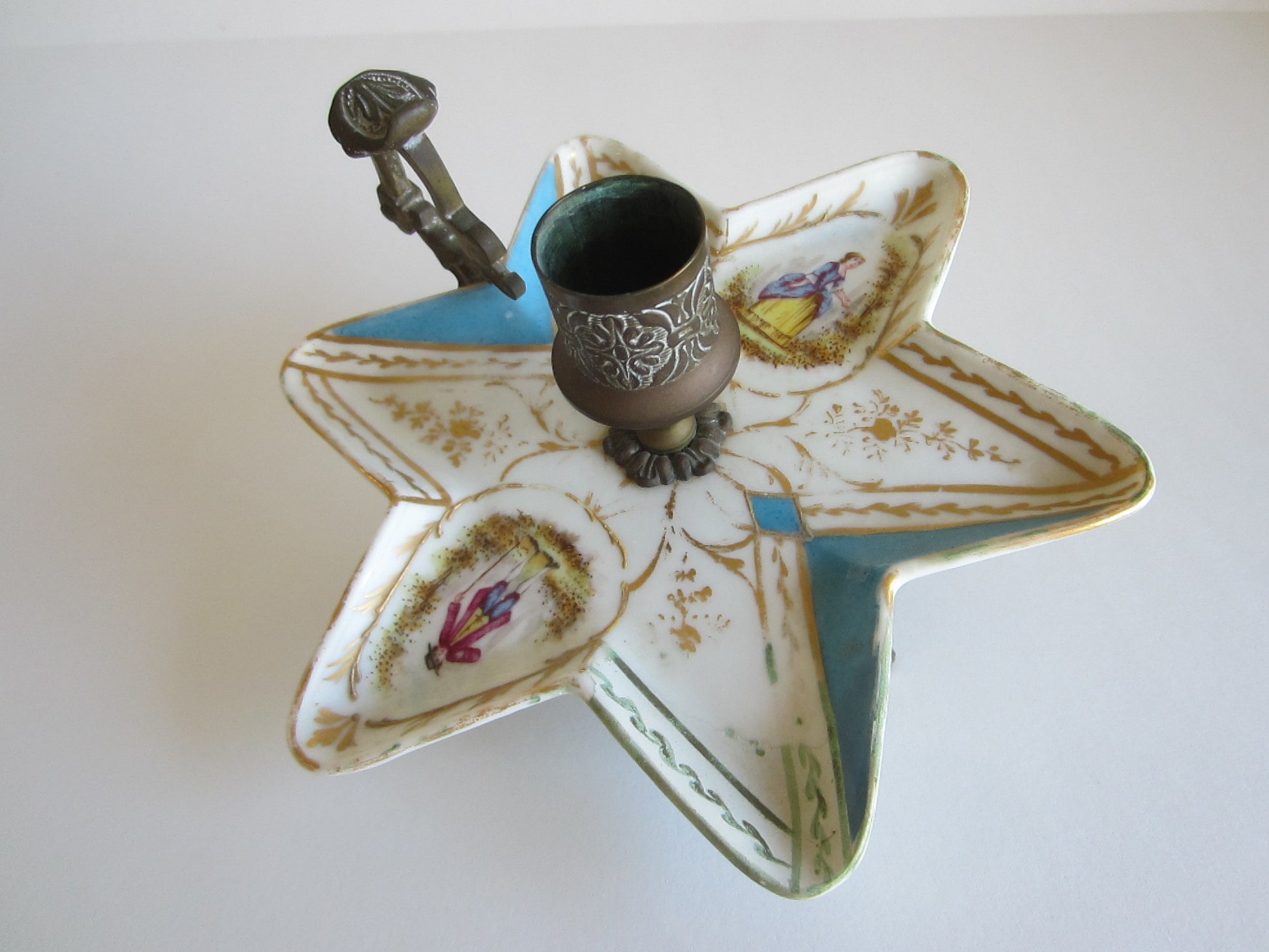 Minton Porcelain Star Candle Holder Bronze Handle Footed Romantic Medallions - Designer Unique Finds 
