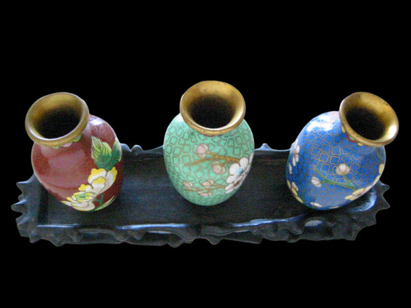 Three Chinese Cloisonne Brass Colored Vases Floral Enameling