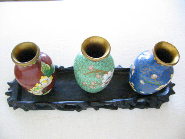 Three Chinese Cloisonne Brass Colored Vases Floral Enameling
