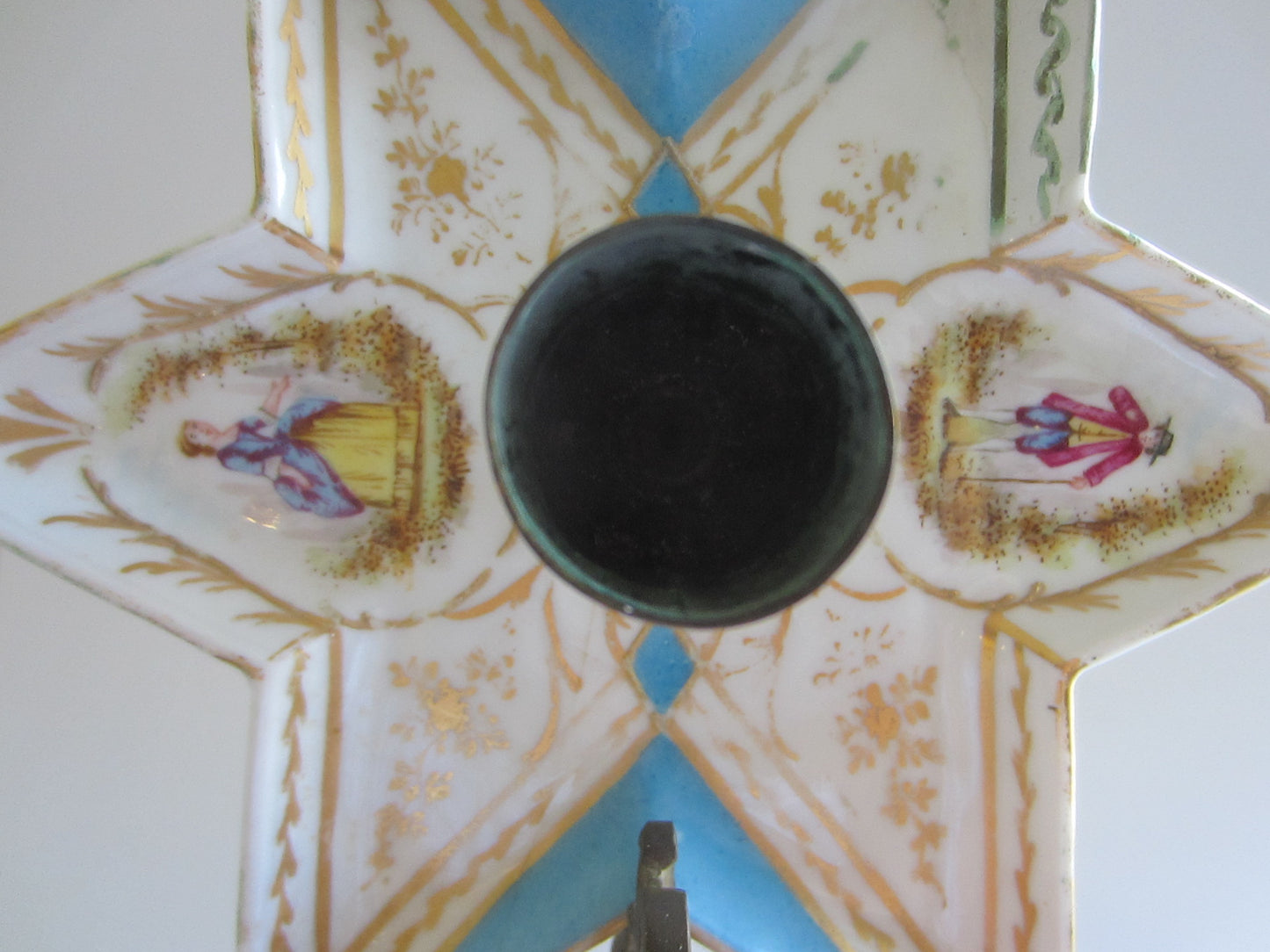 Minton Porcelain Star Candle Holder Bronze Handle Footed Romantic Medallions - Designer Unique Finds 
