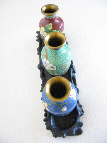 Chinese Cloisonne Vases Suite Floral Enameling Brass Frames - Designer Unique Finds 
 - 5