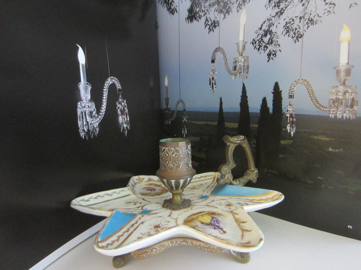 Meissen Style Porcelain Star Candle Holder Bronze Footed Handle